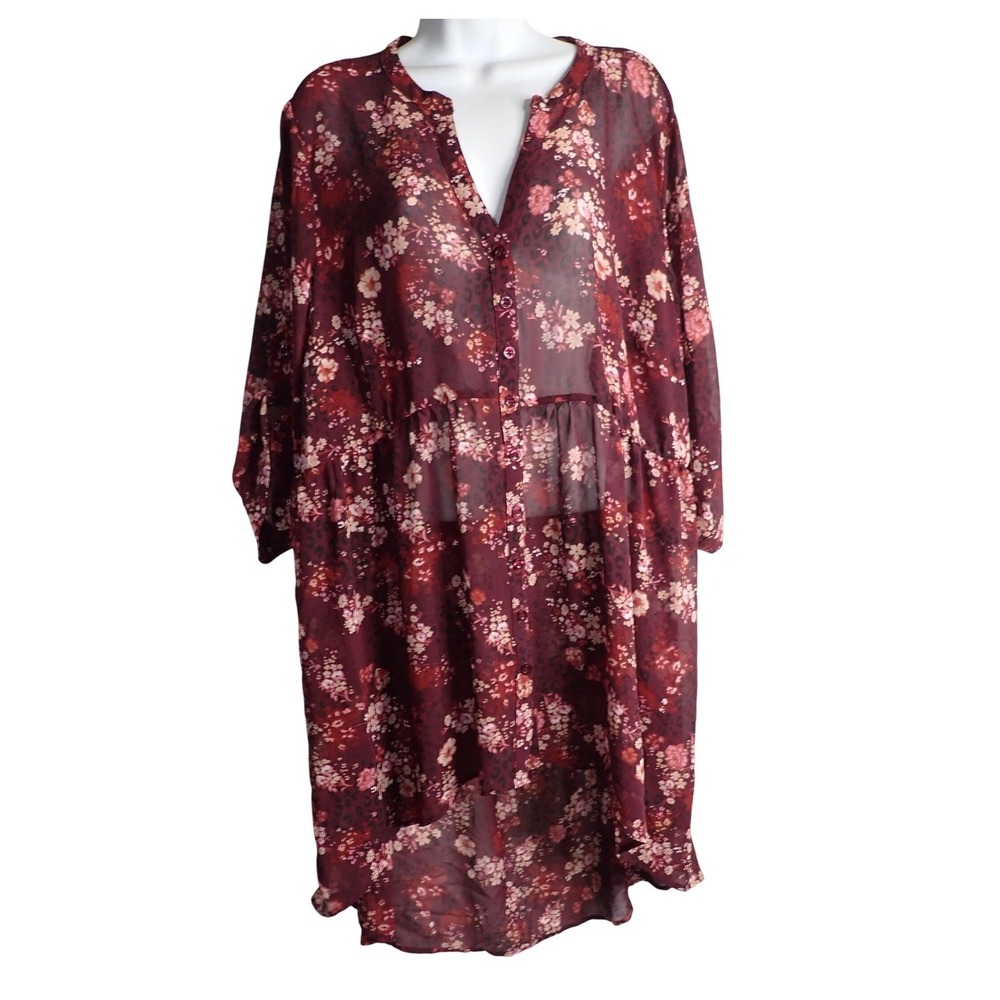 Torrid Burgundy Floral Lexi Sheer Chiffon Babydoll Tunic High Low Size 3 3X